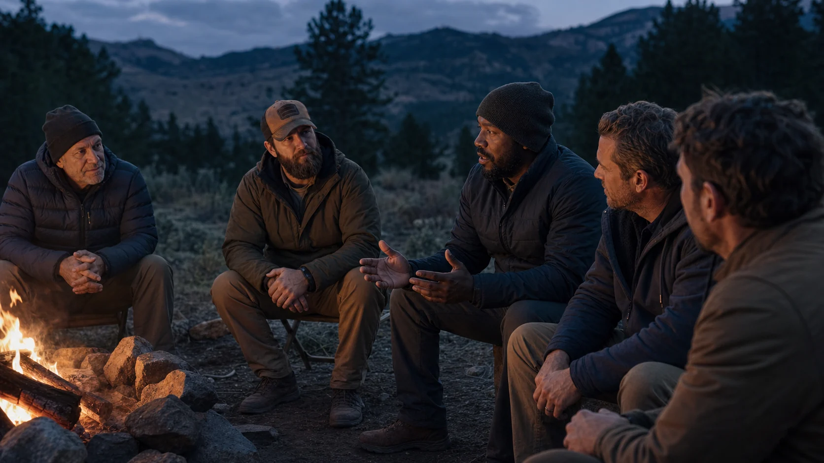 A small group of men listening to one another beside a campfire at twilight