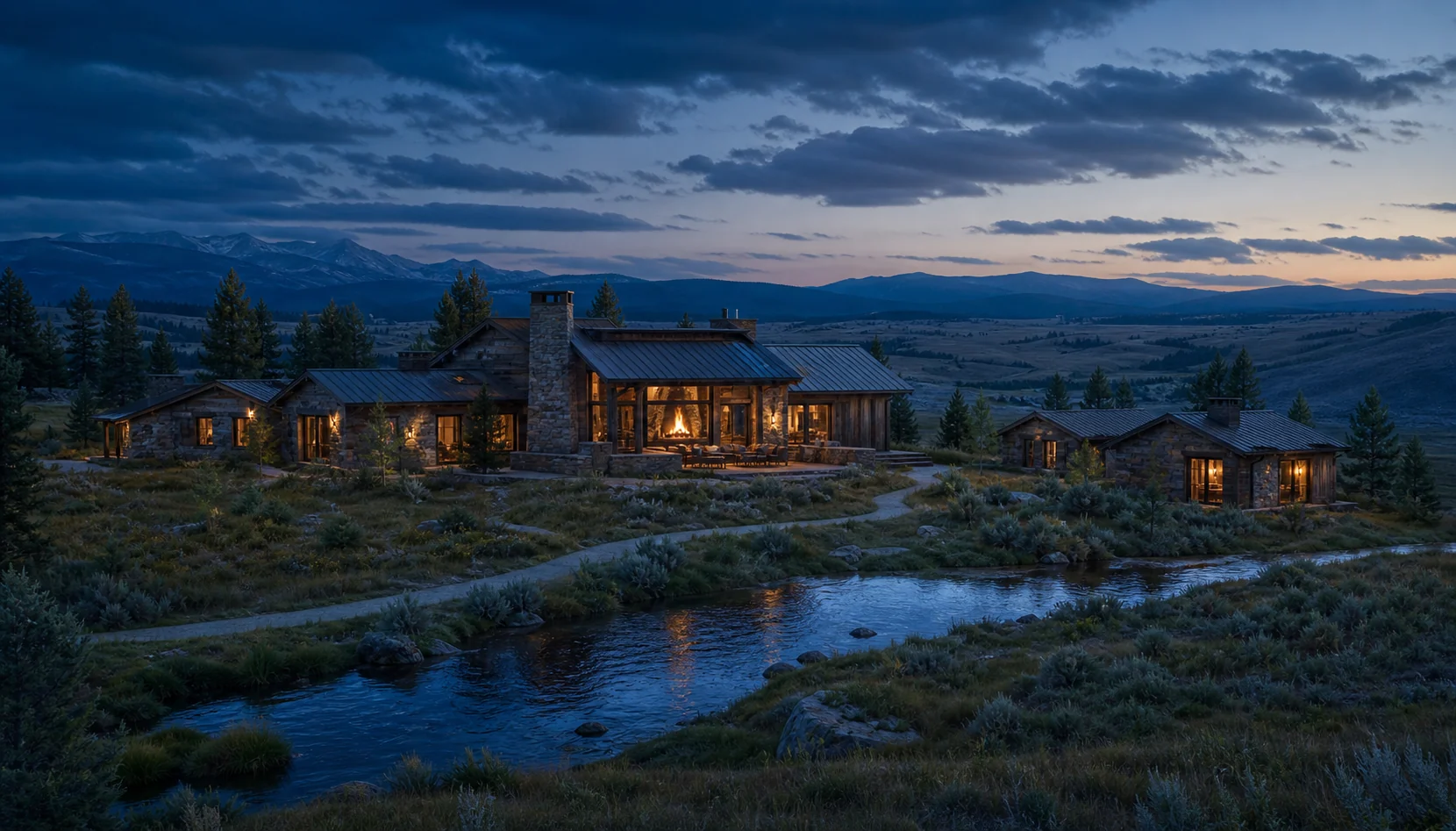 Conceptual rendering of a timber and stone lodge integrated into open Wyoming high country