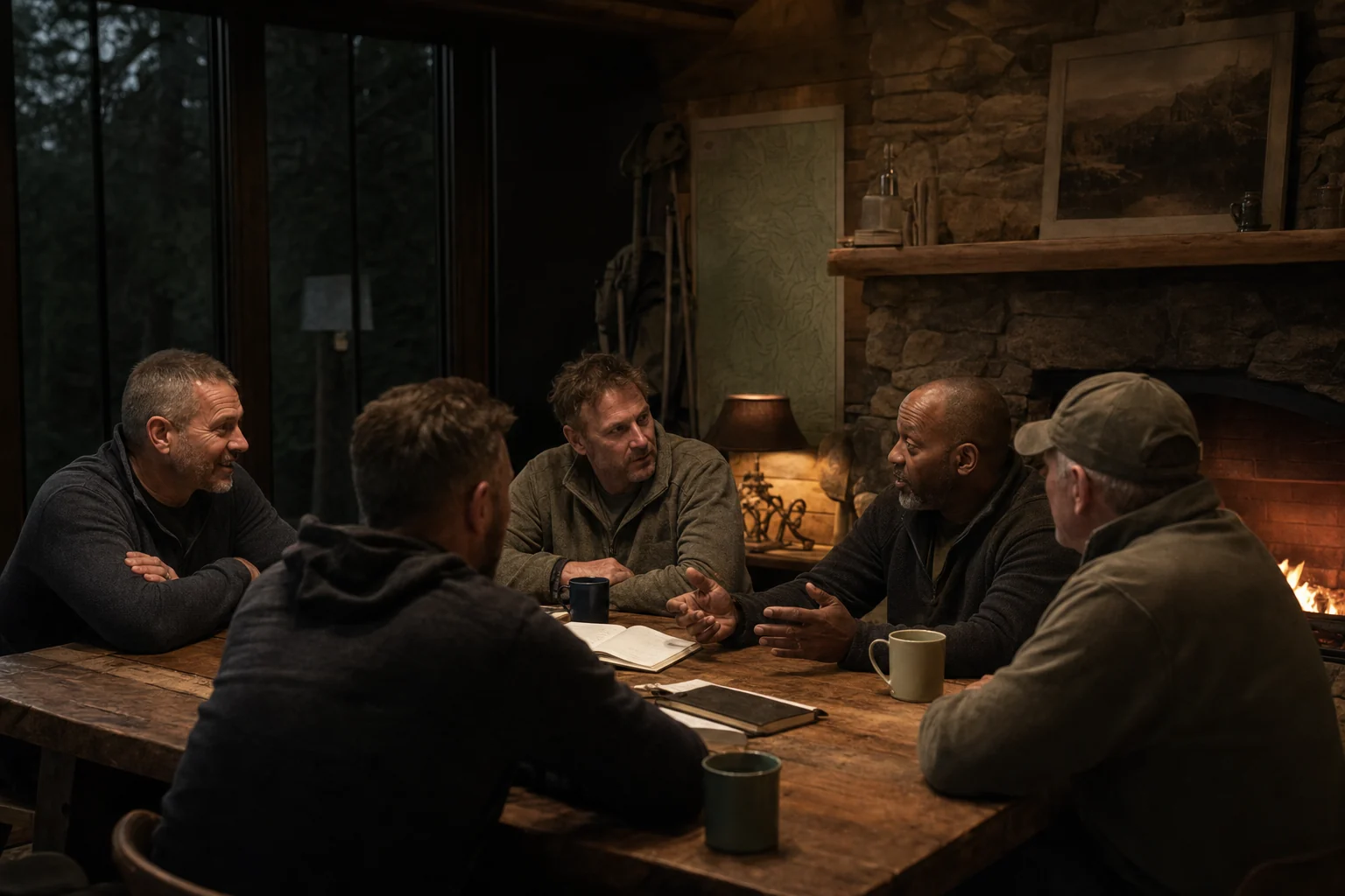 Five longtime friends in honest conversation around a wooden cabin table